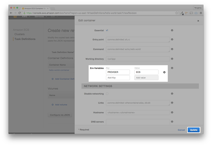 Add an environment variable to the container definition