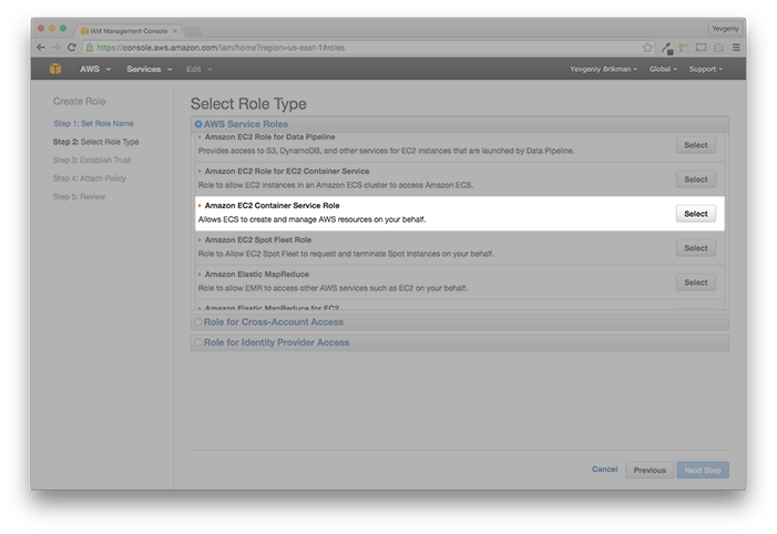 Select the Amazon EC2 Container Service Role