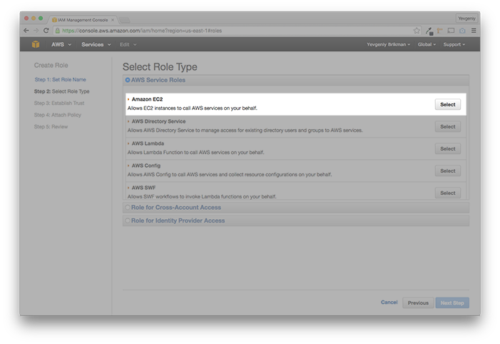 Select the Amazon EC2 Service Role