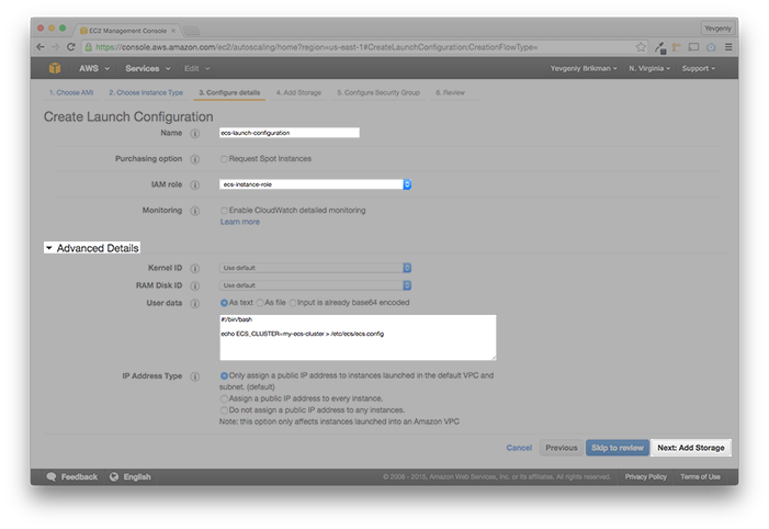 Name the launch configuration and use your newly created IAM Role
