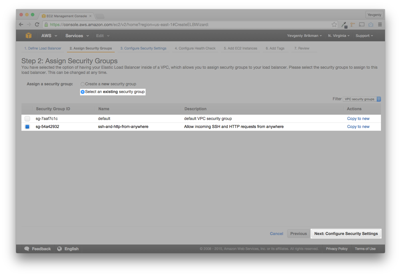 Select the Security Group you created earlier